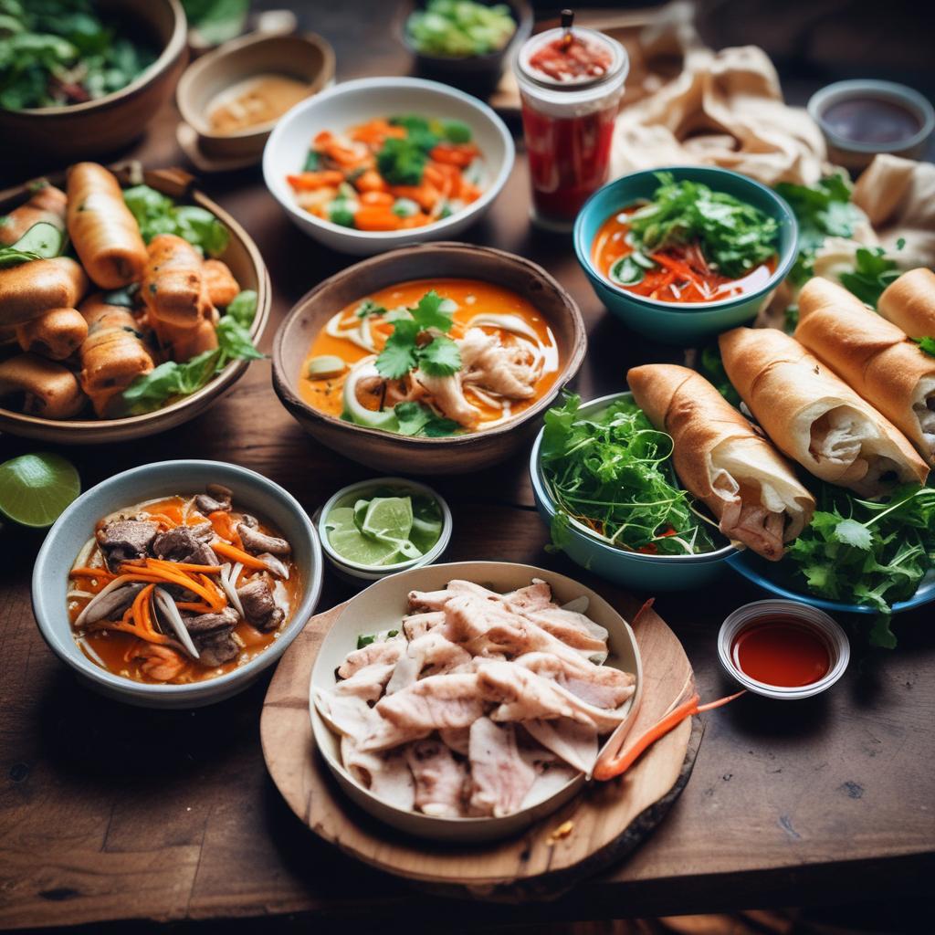 Close-up of a delicious Vietnamese street food spread including Banh Mi, Pho, spring rolls, and iced coffee.