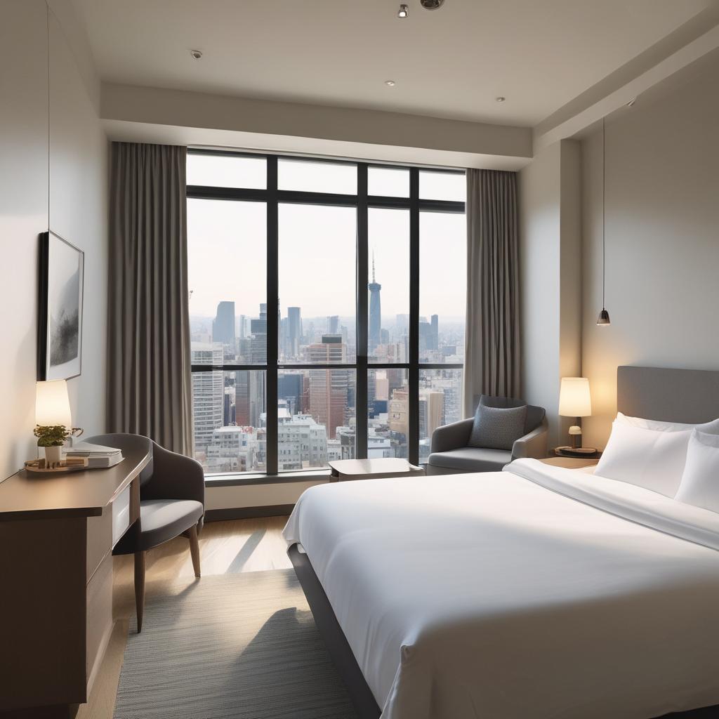 A clean, bright, and modern hotel room interior in Osaka with a comfortable bed and city view, highlighting excellent value for money.