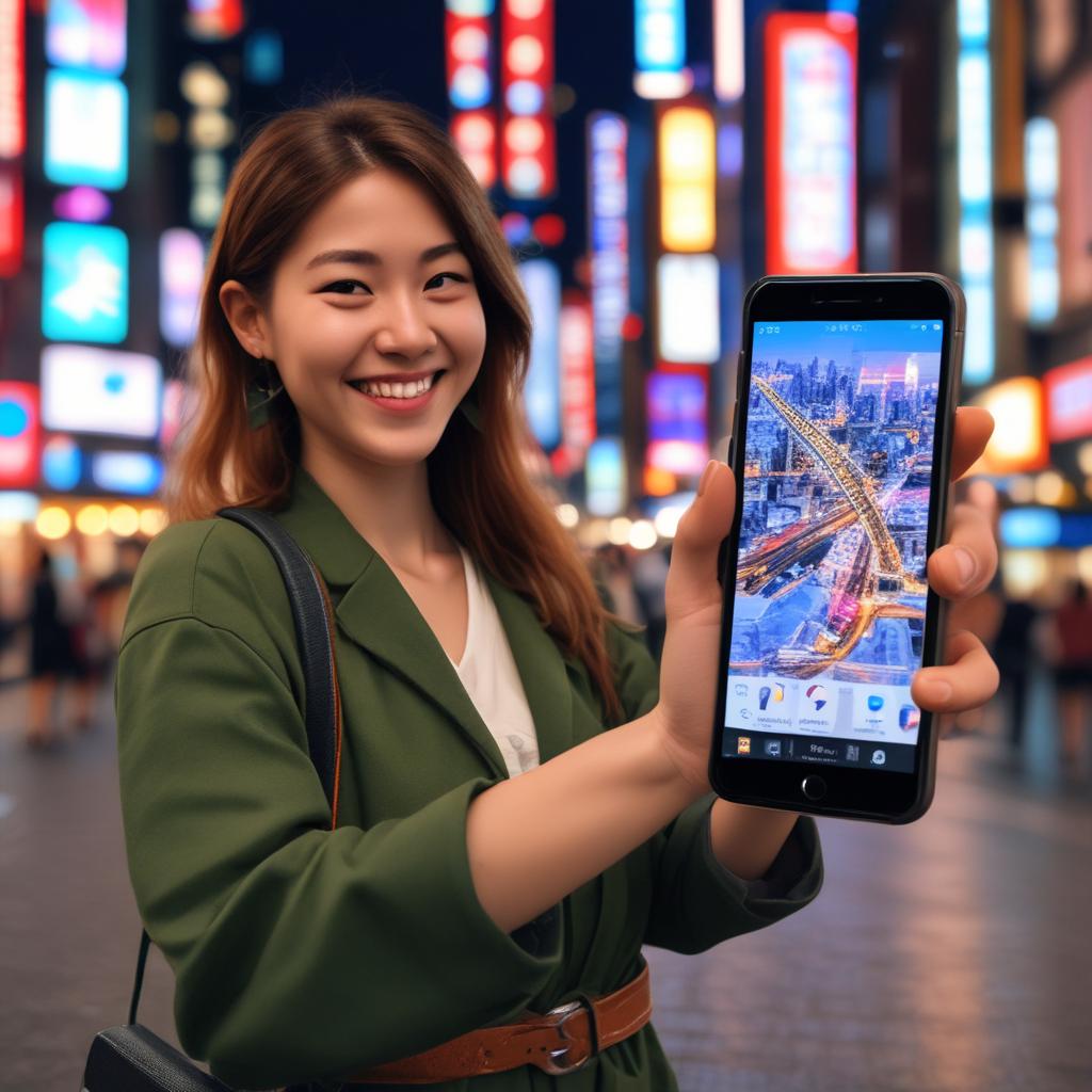A happy traveler smiling while holding a smartphone displaying a travel booking app, with iconic Osaka landmarks like Dotonbori in the blurred background, signifying smart, budget-friendly travel planning.