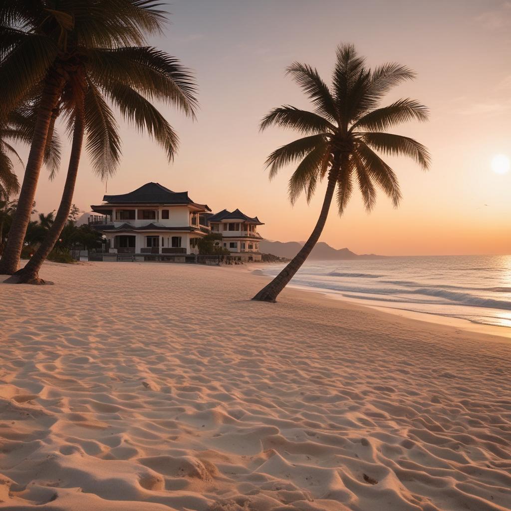 Panoramic view of a white-sand beach in Da Nang with turquoise water, palm trees, and a resort under a sunset sky.