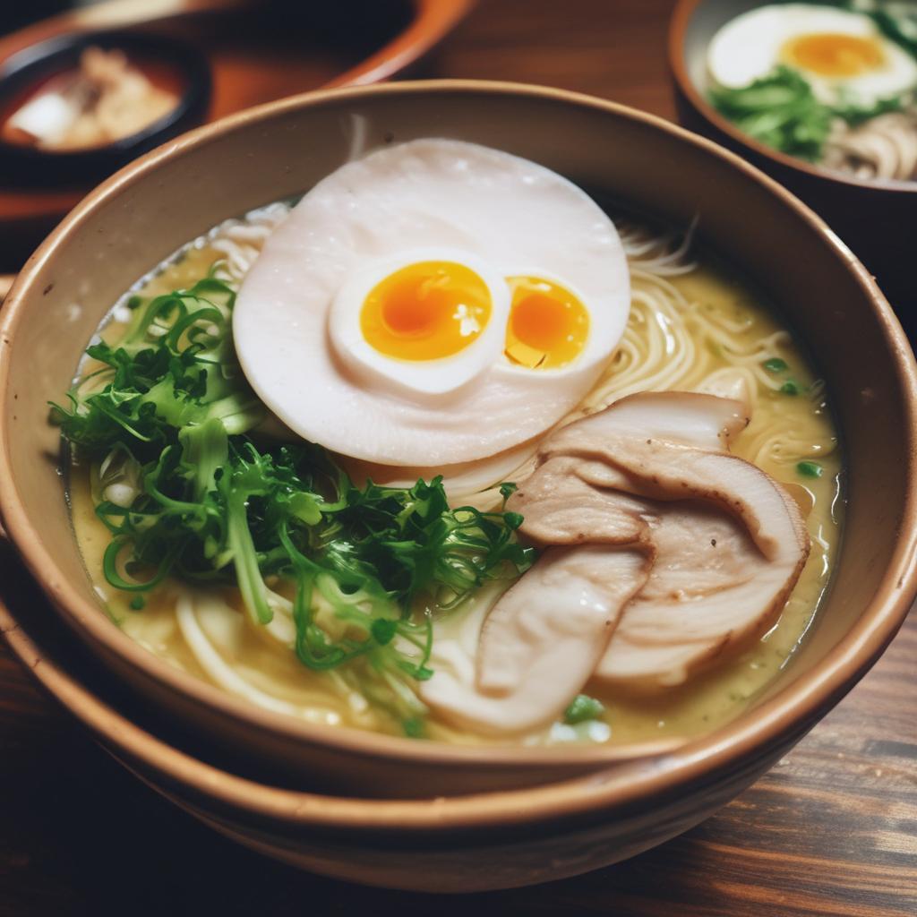 Delicious steaming bowl of Hakata Tonkotsu ramen, a famous Fukuoka specialty.