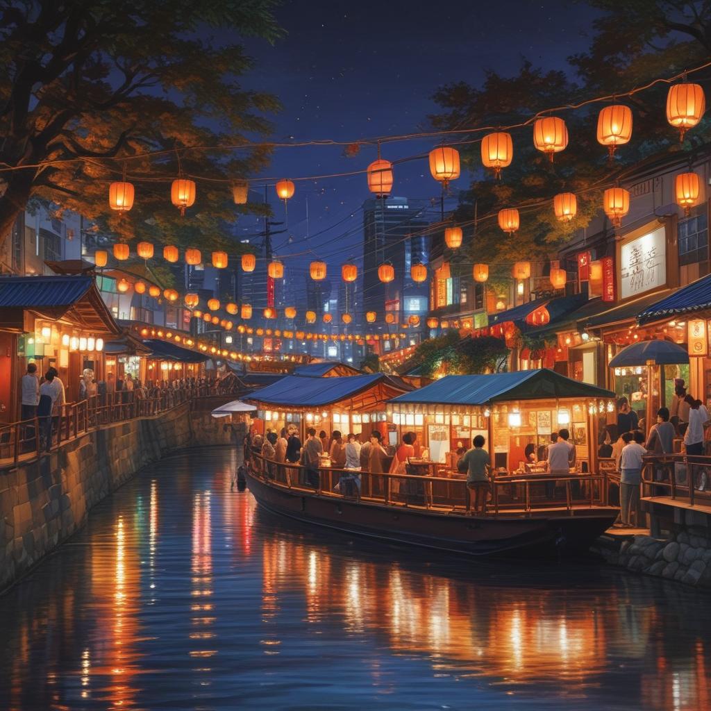 Lively night scene of Nakasu Yatai food stalls by the river in Fukuoka, lit by warm lanterns.