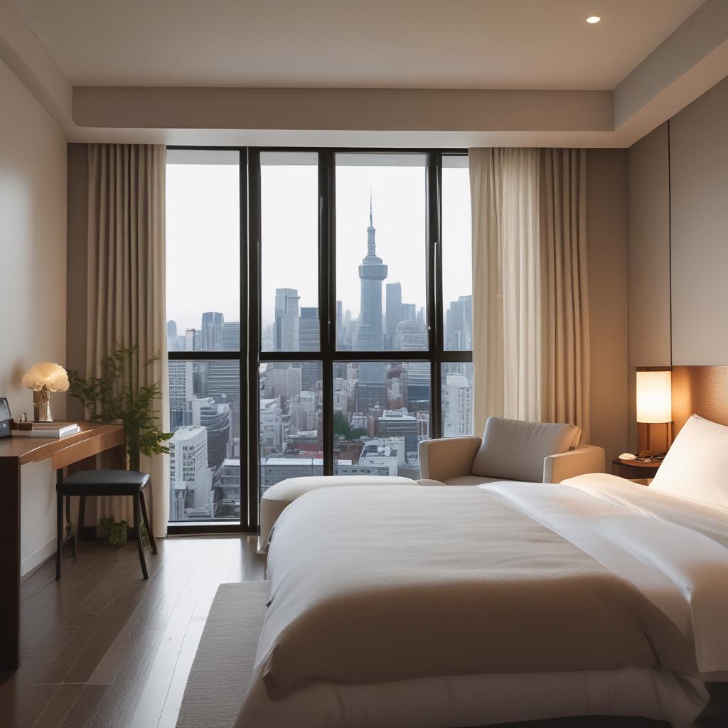 Interior of a stylish and clean hotel room in Osaka, featuring a comfortable bed, contemporary design, and a city view from the window, evoking a sense of relaxation.