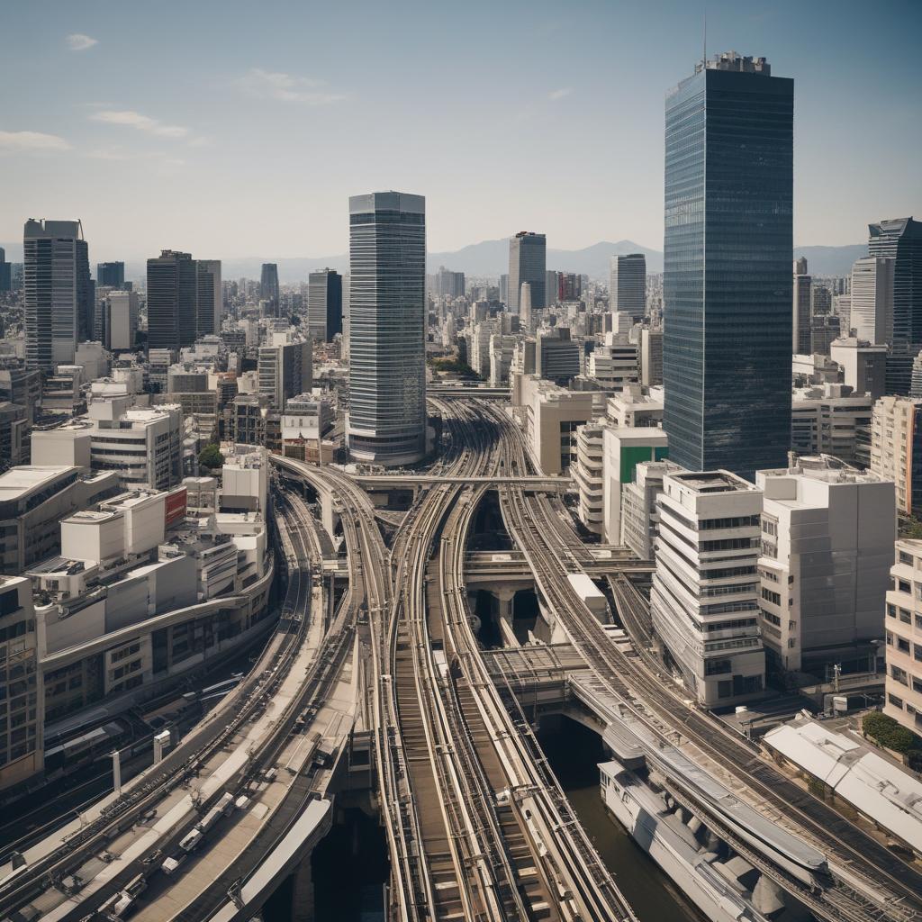 Panoramic view of Osaka's cityscape from above, highlighting its blend of modern buildings, efficient transportation networks including a train, and the Yodo River under a blue sky.