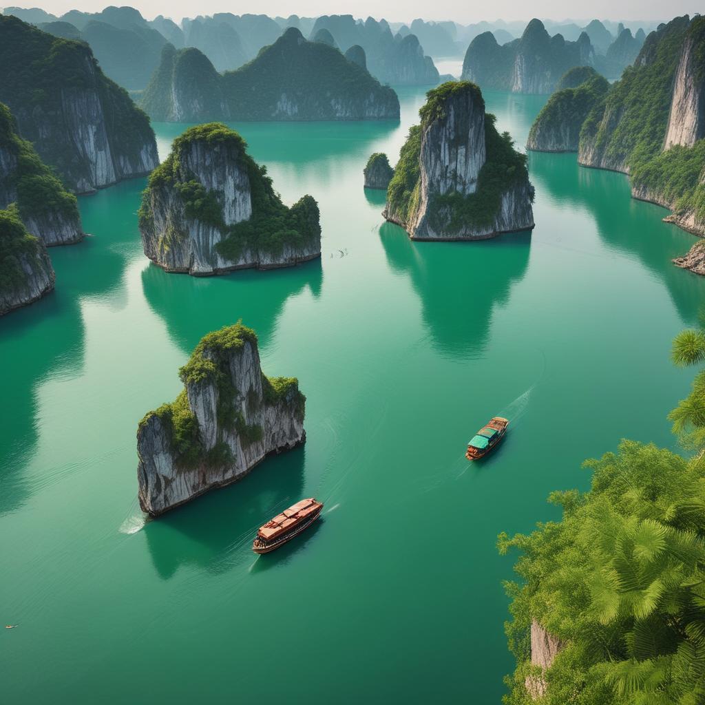 Stunning aerial view of Ha Long Bay, Vietnam, featuring emerald waters and towering limestone islands with traditional boats.