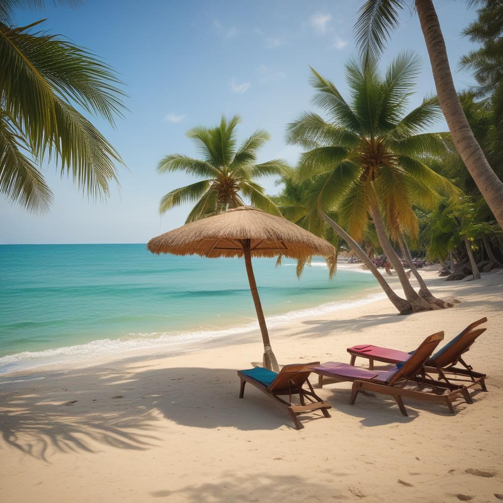 A couple relaxing on a beautiful, tropical beach in Vietnam with palm trees, clear blue water, and sun loungers.