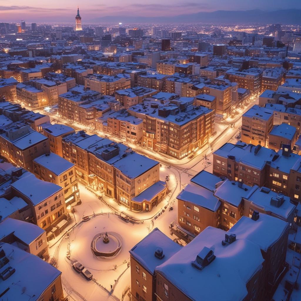 An aerial view of a snow-covered Sapporo city with a modern onsen hotel featuring a steaming rooftop bath in the foreground during winter dusk.