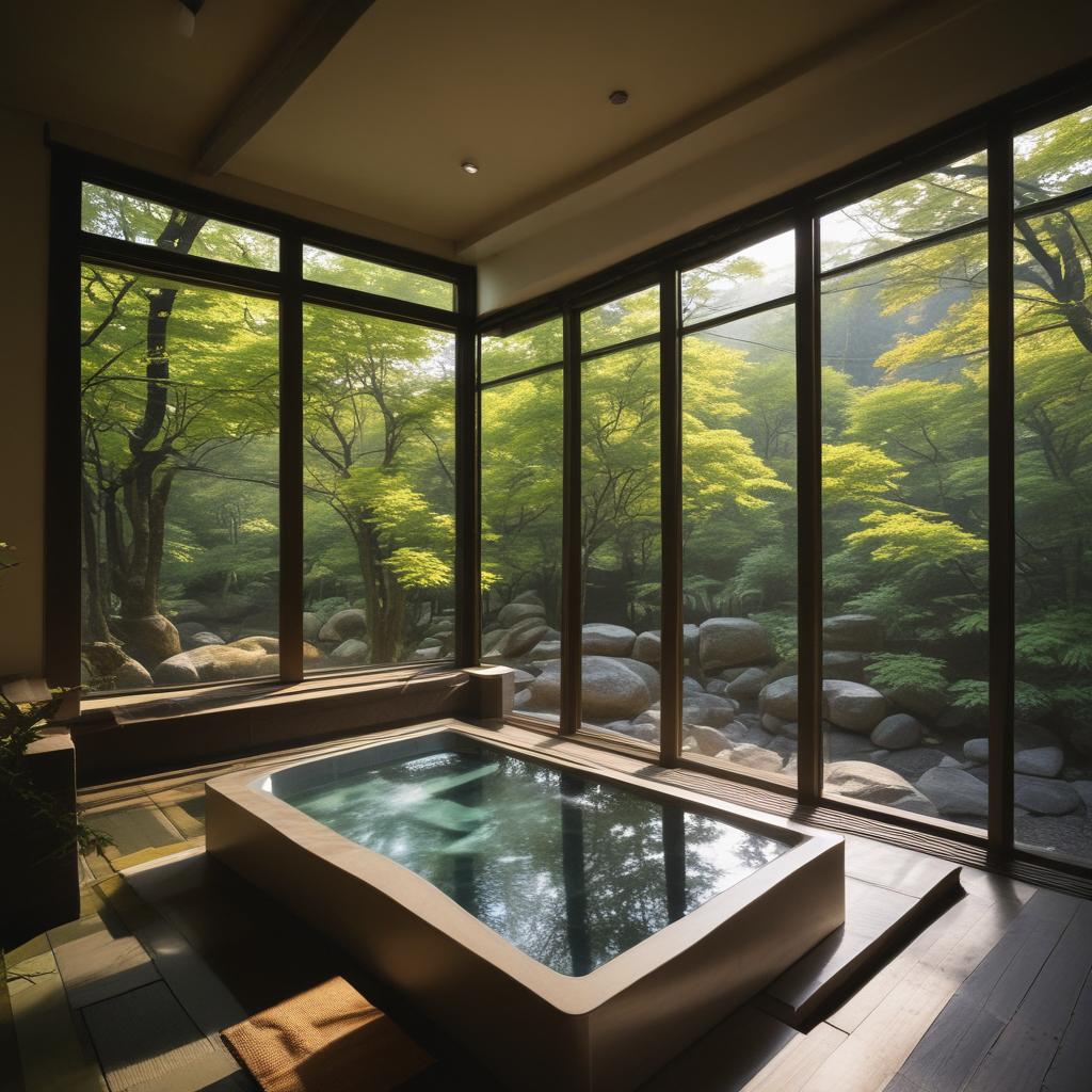 An elegant hotel room in Sapporo with a private indoor onsen bath overlooking a peaceful Japanese garden, exuding comfort and serenity.
