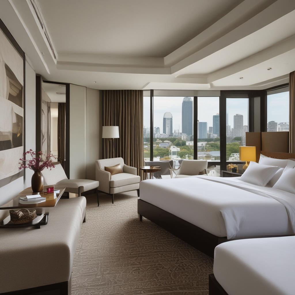Luxurious modern 5-star hotel room in Bangkok with panoramic city view.