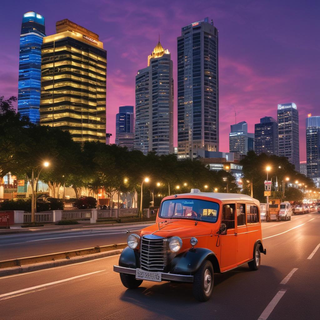 Vibrant Bangkok street scene with a luxury hotel and Chao Phraya river view.