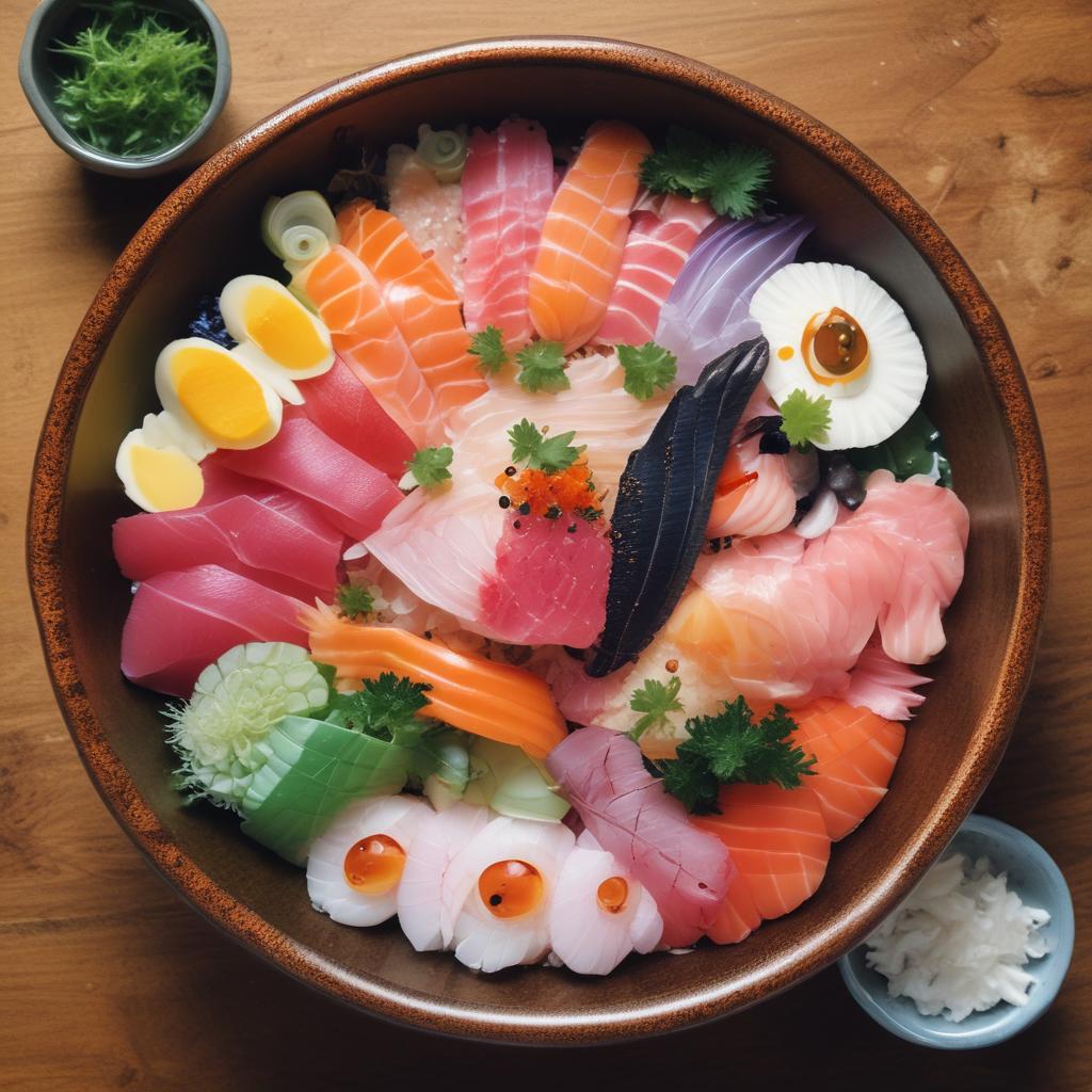 Delicious Kaisendon (seafood bowl) with fresh sashimi and rice, served in Fukuoka.