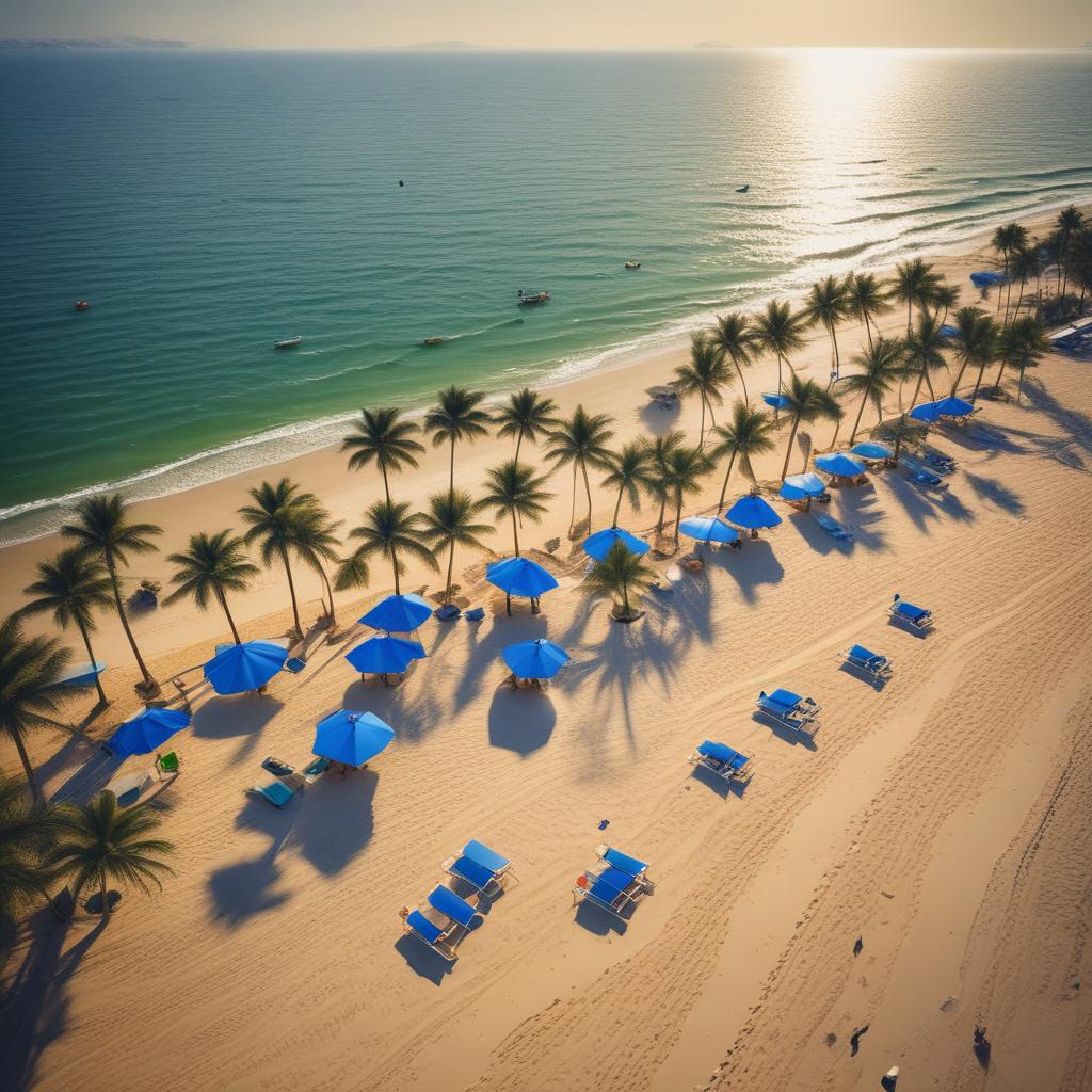 An aerial shot of Da Nang beach, Vietnam, with resorts and clear waters, inviting relaxation and luxury travel.