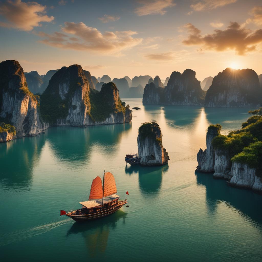 Panoramic view of Halong Bay, Vietnam, with its iconic limestone islands and a traditional boat, highlighting the area's natural beauty.